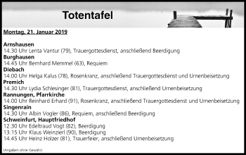 Anzeige von Totentafel vom 21.01.2019 von MGO
