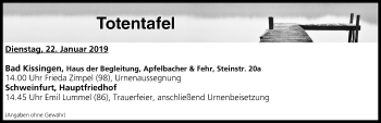 Anzeige von Totentafel vom 22.01.2019 von MGO