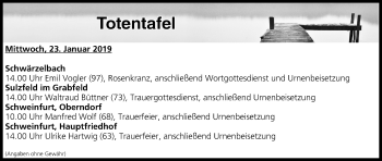 Anzeige von Totentafel vom 23.01.2019 von MGO