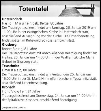 Anzeige von Totentafel vom 24.01.2019 von MGO