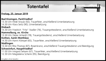 Anzeige von Totentafel vom 25.01.2019 von MGO