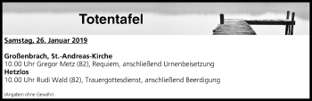 Anzeige von Totentafel vom 26.01.2019 von MGO