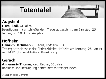 Anzeige von Totentafel vom 26.01.2019 von MGO
