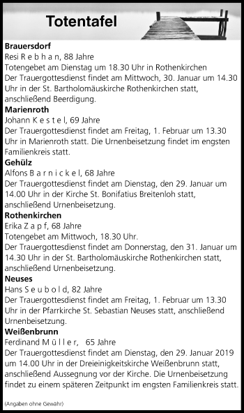Anzeige von Totentafel vom 29.01.2019 von MGO