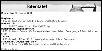 Anzeige von Totentafel vom 31.01.2019 von MGO