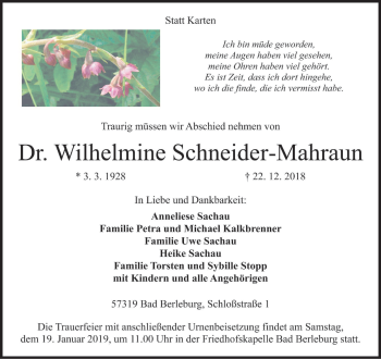 Anzeige von Wilhelmine Schneider-Mahraun von MGO