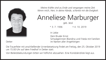 Anzeige von Anneliese Marburger von MGO
