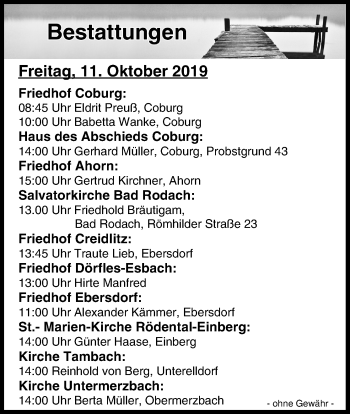 Anzeige von Bestattungen vom 11.10.2019 von MGO