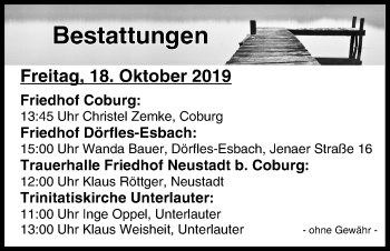 Anzeige von Bestattungen vom 18.10.2019 von MGO