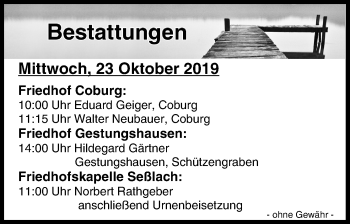 Anzeige von Bestattungen vom 23.10.2019 von MGO