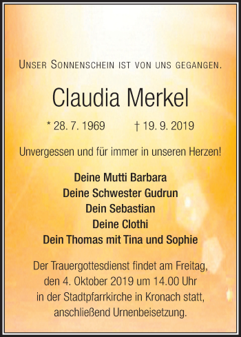 Anzeige von Claudia Merkel von MGO