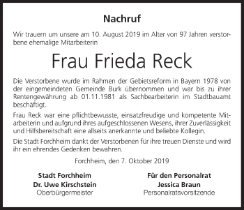 Anzeige von Frieda Reck von MGO