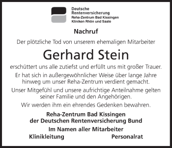 Anzeige von Gerhard Stein von MGO