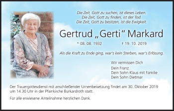 Anzeige von Gertrud Gerti Markard von MGO