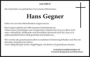 Anzeige von Hans Gegner von MGO