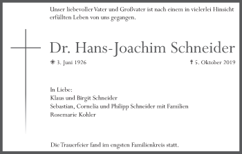 Anzeige von Hans-Joachim Schneider von MGO