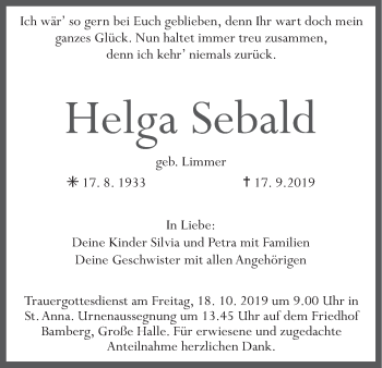 Anzeige von Helga Sebald von MGO