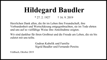 Anzeige von Hildegard Baudler von MGO