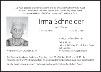 Anzeige von Irma Schneider von MGO