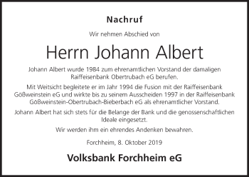 Anzeige von Johann Albert von MGO