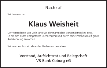 Anzeige von Klaus Weisheit von MGO