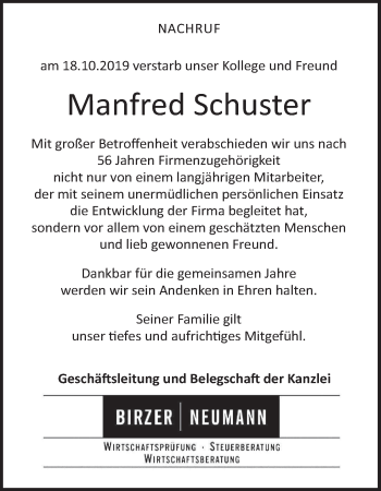 Anzeige von Manfred Schuster von MGO