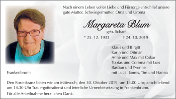 Anzeige von Margarete Blum von MGO
