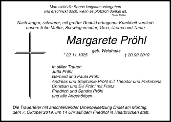Anzeige von Margarete Pröhl von MGO