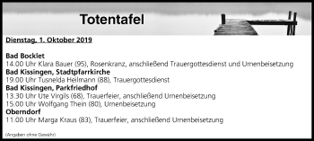 Anzeige von Totentafel vom 01.10.2019 von MGO