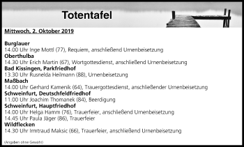 Anzeige von Totentafel vom 02.10.2019 von MGO