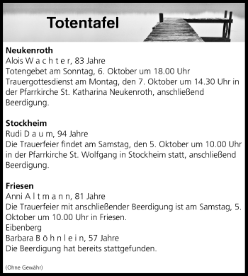Anzeige von Totentafel vom 05.10.2019 von MGO