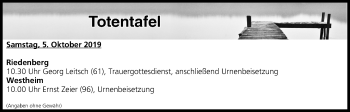 Anzeige von Totentafel vom 05.10.2019 von MGO