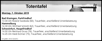 Anzeige von Totentafel vom 07.10.2019 von MGO