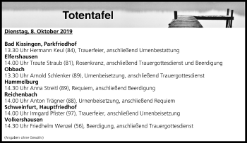 Anzeige von Totentafel vom 08.10.2019 von MGO