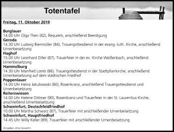 Anzeige von Totentafel vom 11.10.2019 von MGO