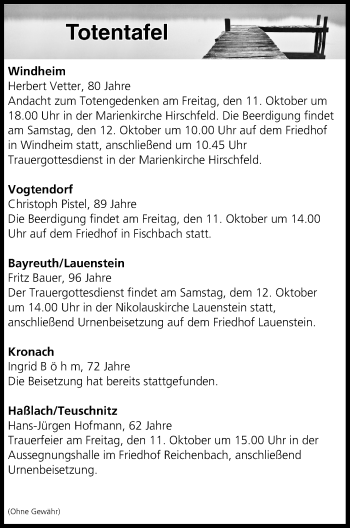 Anzeige von Totentafel vom 11.10.2019 von MGO