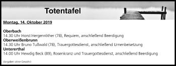 Anzeige von Totentafel vom 14.10.2019 von MGO