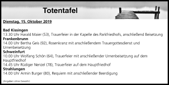 Anzeige von Totentafel vom 15.10.2019 von MGO