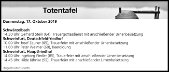 Anzeige von Totentafel vom 17.10.2019 von MGO