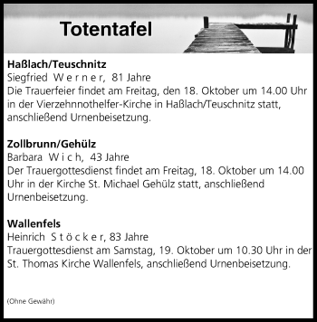 Anzeige von Totentafel vom 17.10.2019 von MGO
