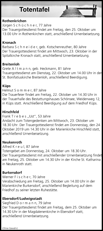 Anzeige von Totentafel vom 22.10.2019 von MGO