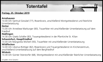 Anzeige von Totentafel vom 25.10.2019 von MGO