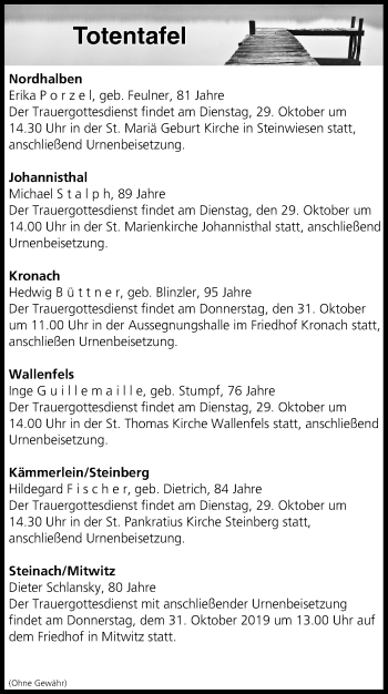 Anzeige von Totentafel vom 29.10.2019 von MGO