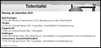 Anzeige von Totentafel vom 30.09.2019 von MGO