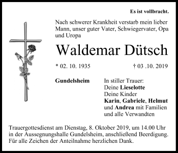 Anzeige von Waldemar Dütsch von MGO