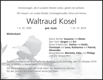 Anzeige von Waltraud Kosel von MGO