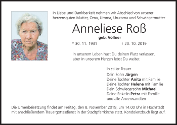 Anzeige von Anneliese Roß von MGO