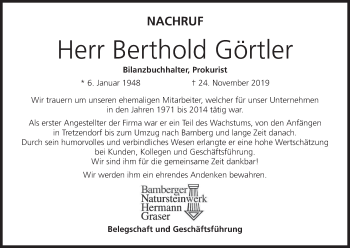 Anzeige von Berthold Görtler von MGO