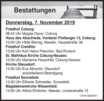 Anzeige von Bestattungen vom 07.11.2019 von MGO
