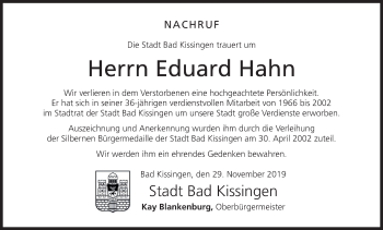 Anzeige von Eduard Hahn von MGO